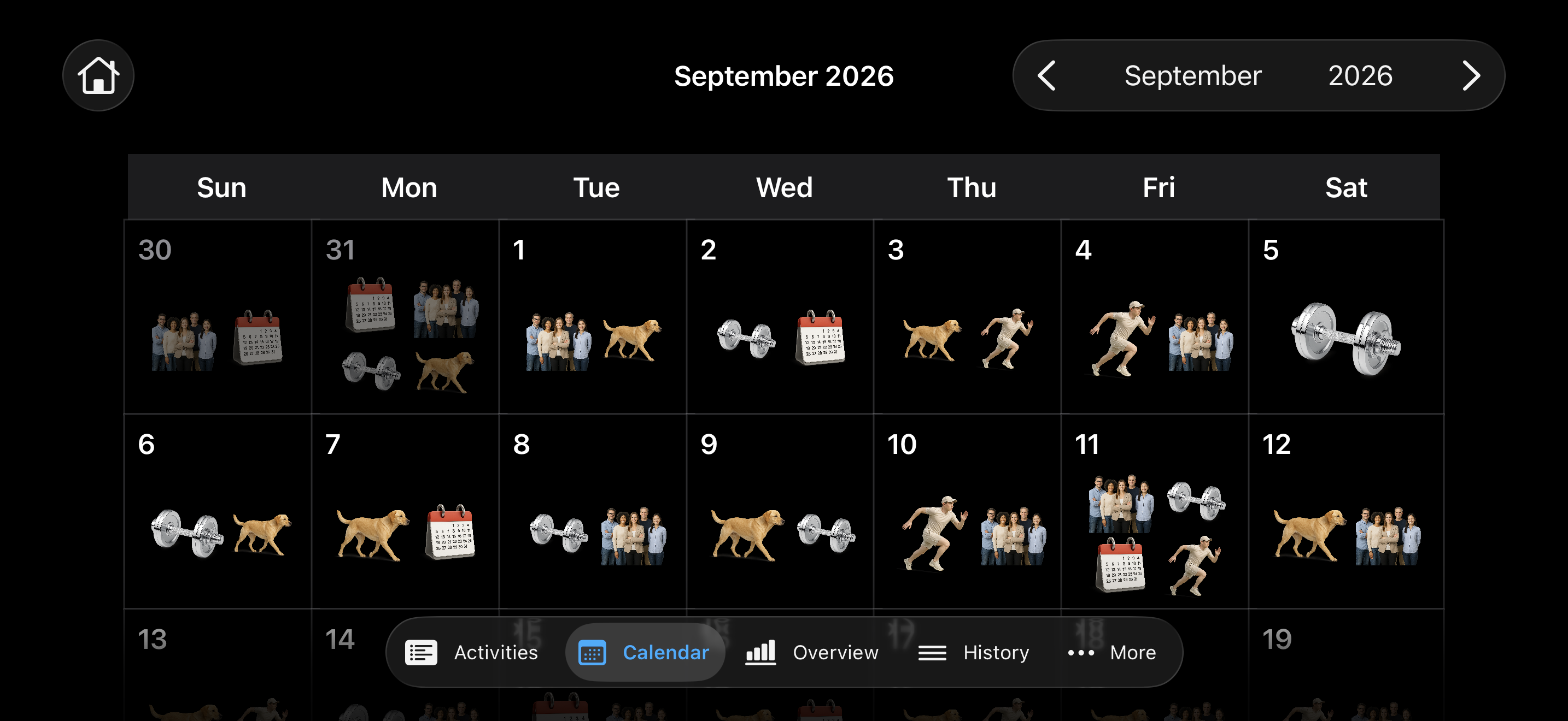 September calendar in landscape orientation with larger activity icons and the tab bar