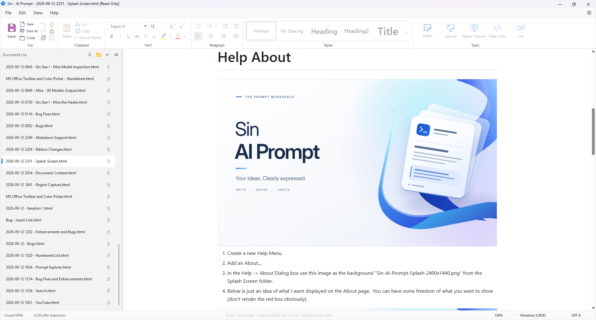 Sin AI Prompt editor with its ribbon, document list, and Help About splash screen