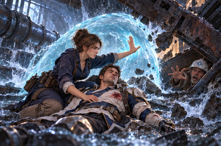 Mira shields an injured Arin from collapsing machinery in the flooded waterworks