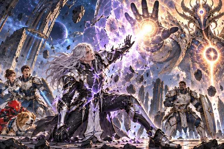 Kael intercepts Aevos's strike with a cracking protective field around the party