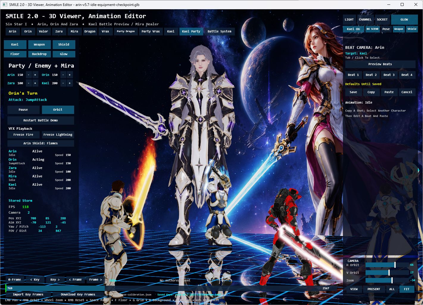 Kael towers over the party while Orin attacks in the native Character Viewer