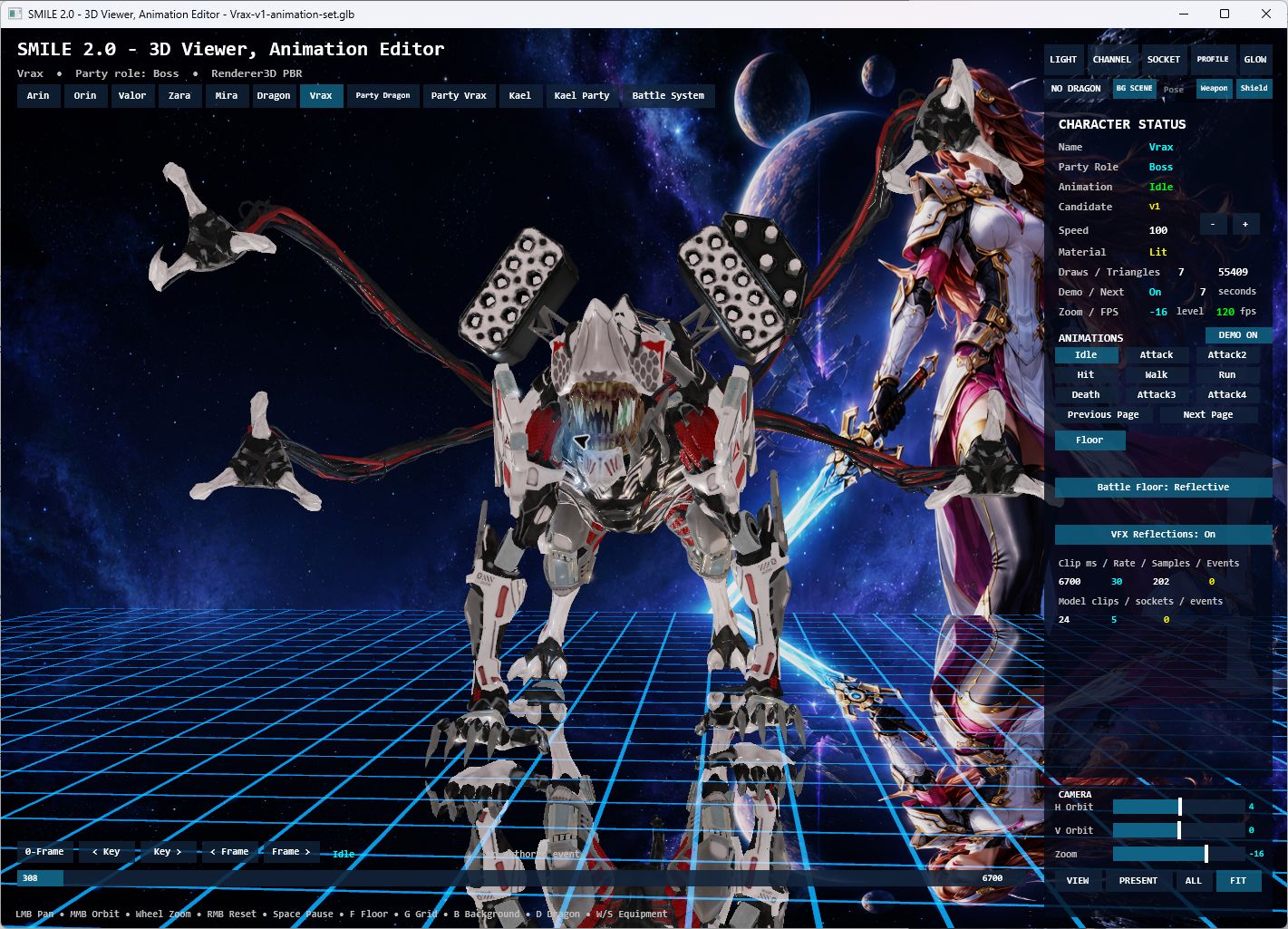 Vrax’s mechanical body and articulated appendages in the Character Viewer animation inspection view