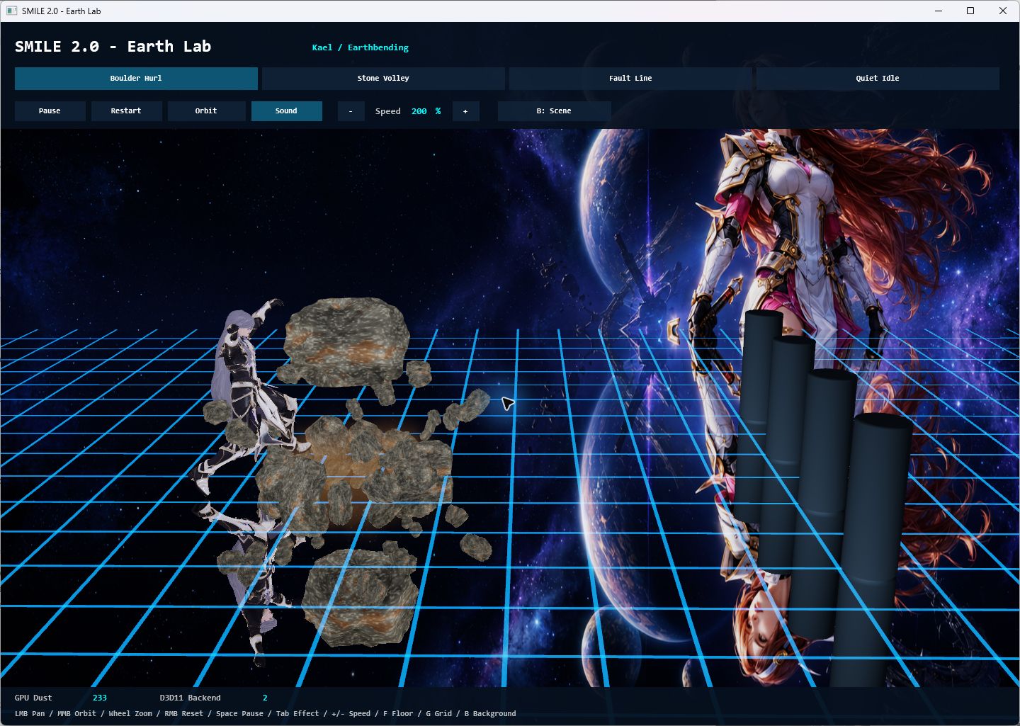 Kael lifting rocks above the grid in the native Earth Lab