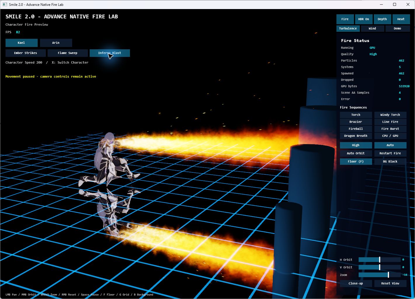 The native Fire Lab showing Kael casting a bright jet of fire across a reflective arena