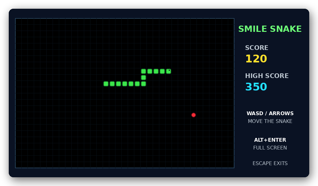 SMILE Snake teaching capture showing a snake on a grid and its score