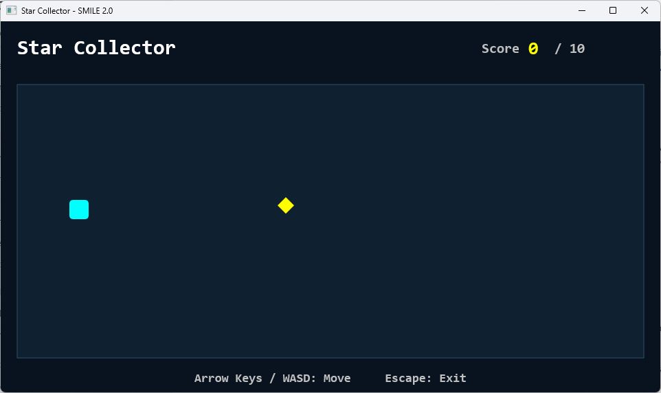 Star Collector running natively, with a cyan player, yellow star, and score display